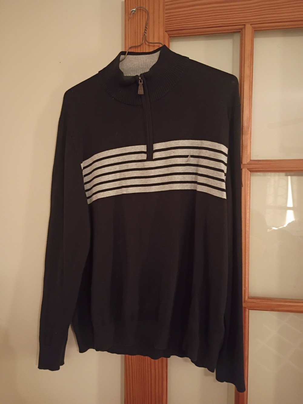 Nautica Black Zip-Up Sweater with Gray Stripes